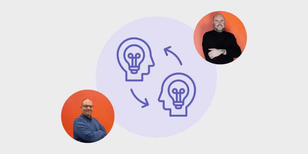 Abstract idea-exchange illustration: two head silhouettes with lightbulbs connected by arrows inside a purple circle, flanked by two orange-circle photos of people.