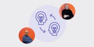 Website banners 21 - MONDEA - MONDEA Abstract idea-exchange illustration: two head silhouettes with lightbulbs connected by arrows inside a purple circle, flanked by two orange-circle photos of people.