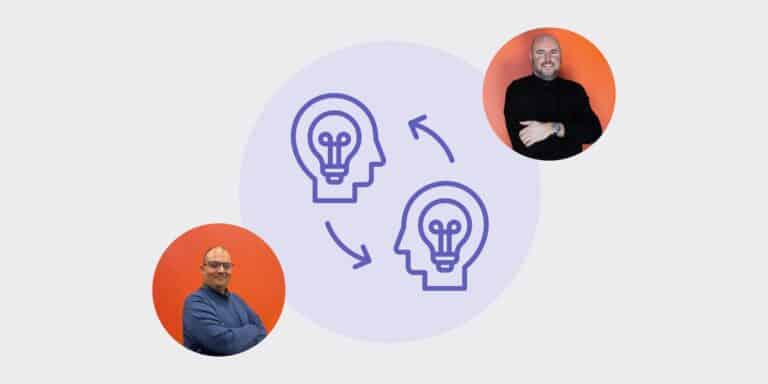 Abstract idea-exchange illustration: two head silhouettes with lightbulbs connected by arrows inside a purple circle, flanked by two orange-circle photos of people.