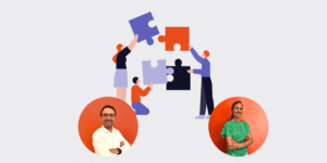 Website banners 23 - MONDEA - MONDEA People collaborate to assemble large puzzle pieces, symbolizing teamwork, with two circular photos of a smiling man and a woman at the bottom.