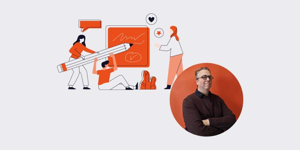 Illustration of people collaborating around a large pencil and orange screen, with a man in an orange circle on the right.
