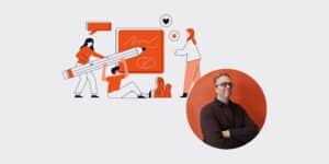 Illustration of people collaborating around a large pencil and orange screen, with a man in an orange circle on the right.