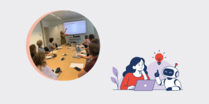 Banner AI geletterdheid - MONDEA Vrouw die opleiding geeft, illustratie van een vrouw en een robot die haar iets uitlegt