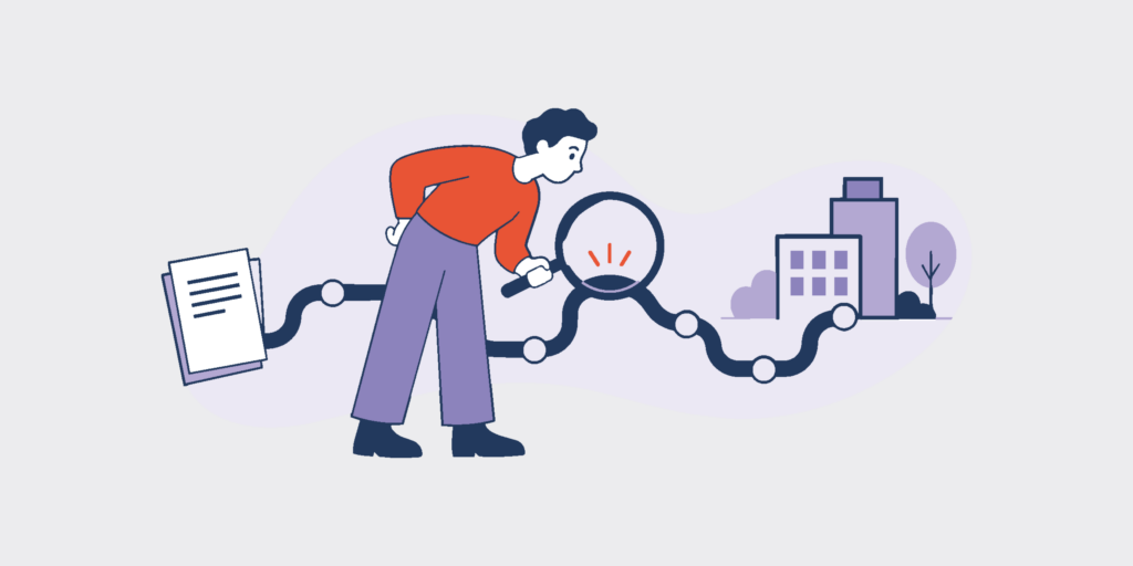 Person examining a twisting chain that links a stack of papers to buildings with a magnifying glass, symbolizing investigation of connections.