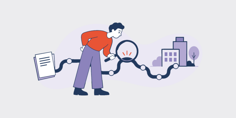 Person examining a twisting chain that links a stack of papers to buildings with a magnifying glass, symbolizing investigation of connections.
