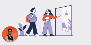 Omgeving nieuwe collega - MONDEA illustratie van twee mensen die voor open deur staan, foto van man op oranje achtergrond