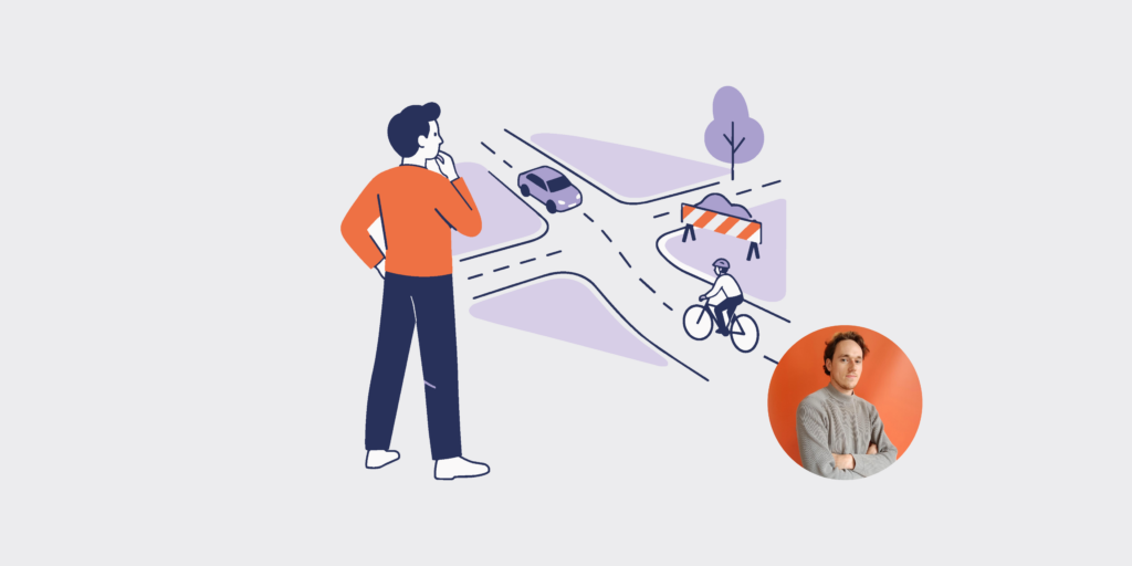 Illustration of a person in an orange shirt watching a winding road with a cyclist and a construction barrier in purple tones.