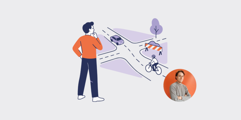 Illustration of a person in an orange shirt watching a winding road with a cyclist and a construction barrier in purple tones.