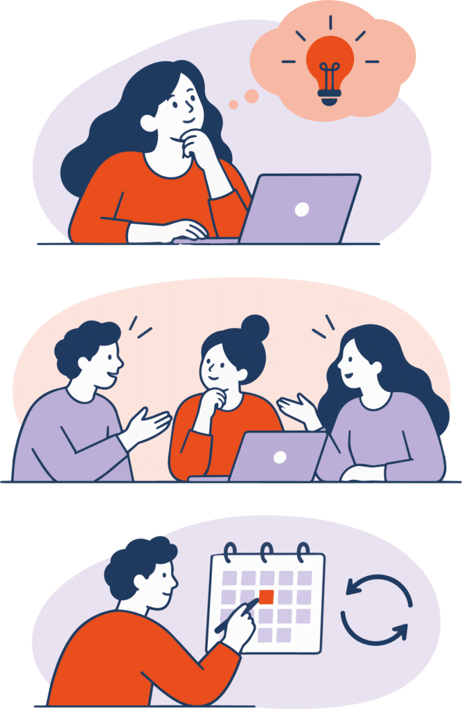 Person at a laptop thinking with a light bulb idea above, illustrating brainstorming.