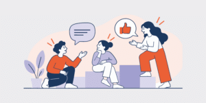 Feedbackcultuur - MONDEA - MONDEA Three people are having a group chat, with speech bubbles and a thumbs‑up icon indicating positive feedback.