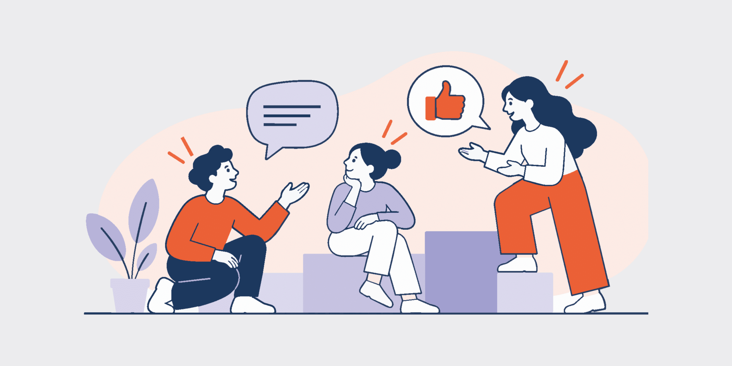 Three people are having a group chat, with speech bubbles and a thumbs‑up icon indicating positive feedback.